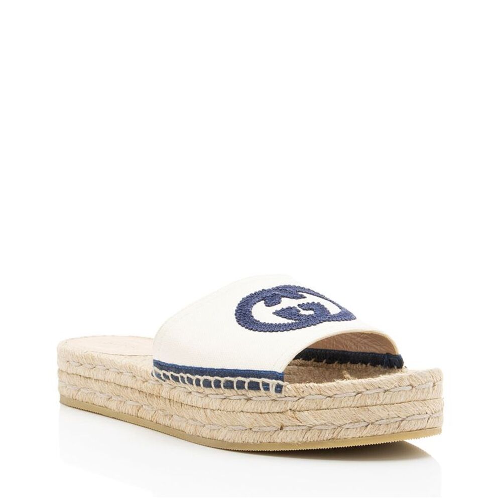 Gucci Canvas Embroidered Interlocking G Pilar Espadrille Slides - Size 7 / 37